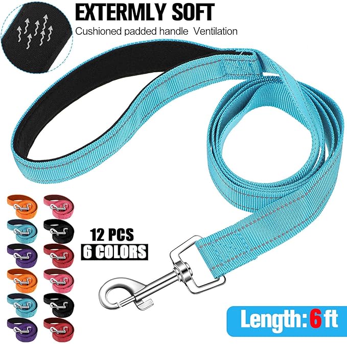 Vicenpal 12 Pcs Double Sided Reflective Dog Leash with Soft Padded Handle, Bulk Nylon Animal Leashes for Medium and Large Dogs Heavy Duty Animal Leash for Walking, Training, 6 Colors(6 ft,Cute Colors)