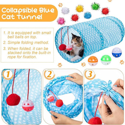 Leitee 38 Pcs Cat Storage Basket Gift Toy Set Kitten Toys Assortments, Including 2 Way Tunnel, Bell Crinkle Balls Spring Feather Teaser Sisal Ball Simulated Fish, Interactive for Indoor Pet