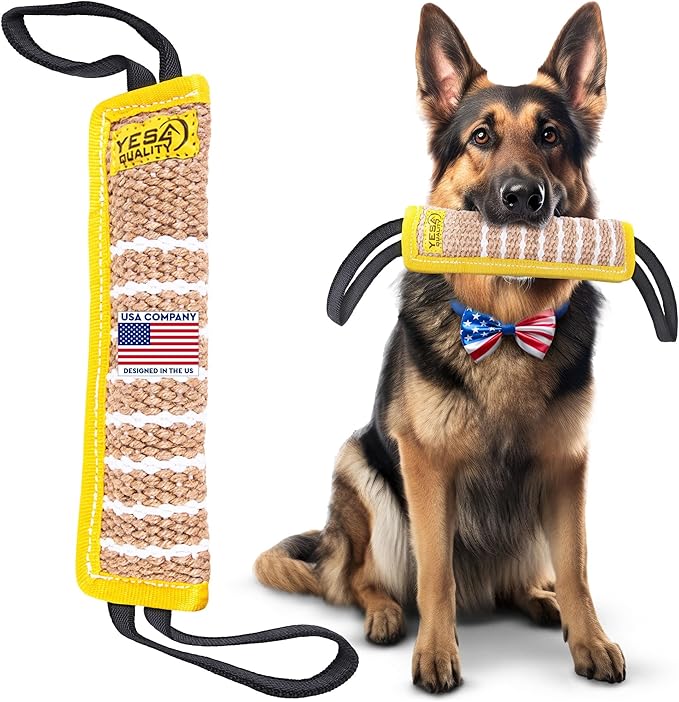Dog Bite Tug Toy 12 x 3.2 Inches - Durable Pull Toy with 2 Soft & Strong Handles - Tough Jute Bite Pillow for Medium to Large Dogs - Ideal for Tug of War, Fetch, K9, Puppy Training & Interactive Play