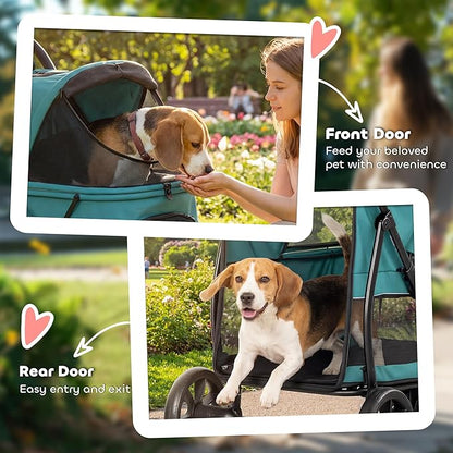 PawHut 3 Wheel Pet Stroller, Dog Stroller Dual Entry, Easy One-Click Quick Fold, All-Terrain Wagon Cart with Air Mesh, Washable Cushion, for Small and Medium Dogs and Cats Up to 44 lbs, Dark Green