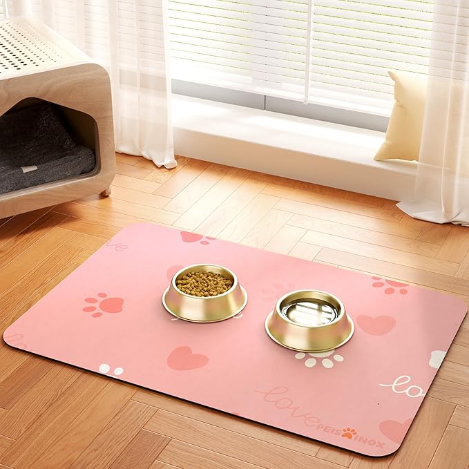 Cat Dog Food Mat, Rapid Water Absorption Dog Mat for Food and Water,100% Waterproof Cat Dog Bowl Mat, 16"x27"-Pink