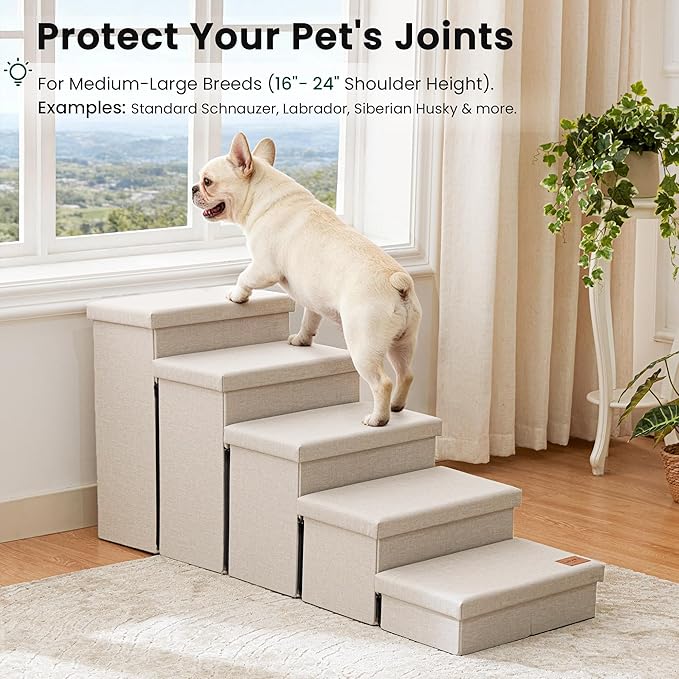 Love's cabin Dog Stairs for High Bed 22" H, Foldable Pet Stairs for Small Medium or Large Dogs Puppy with Storage for Bed or Couch, Cat Dog Steps Ramp with Zip up to 200 lbs, Beige, 5 Steps