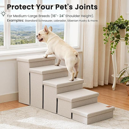 Love's cabin Dog Stairs for High Bed 22" H, Foldable Pet Stairs for Small Medium or Large Dogs Puppy with Storage for Bed or Couch, Cat Dog Steps Ramp with Zip up to 200 lbs, Beige, 5 Steps