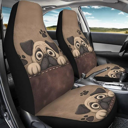 Dreaweet Car Seat Covers for Women Cute Pug Car Accessories Interior 2 Piece Universal Elastic Front Seat Covers for SUV Sedan Washable Vehicle Seat Cover for Carseat Protection
