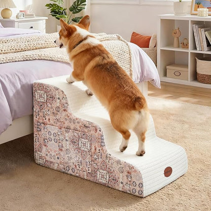 15.7” H Ramp Dog Stairs for Small Dogs, Printed Fabric 3 Tier Wider Curved Pet Stairs for Couch and Beds，Non-Slip Bottom for Old Cats with High-Density Foam and Washable Cover