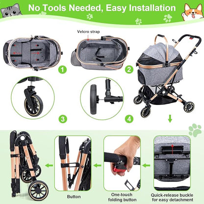 Dog Stroller for Dogs - 3 in 1 Pet Stroller with Detachable Storage Basket 4 All-Terrain Rubber Wheels Pull Rod Durable Travel Carrier for Max 33 lbs Medium Dogs 2 Small Cats (Grey)
