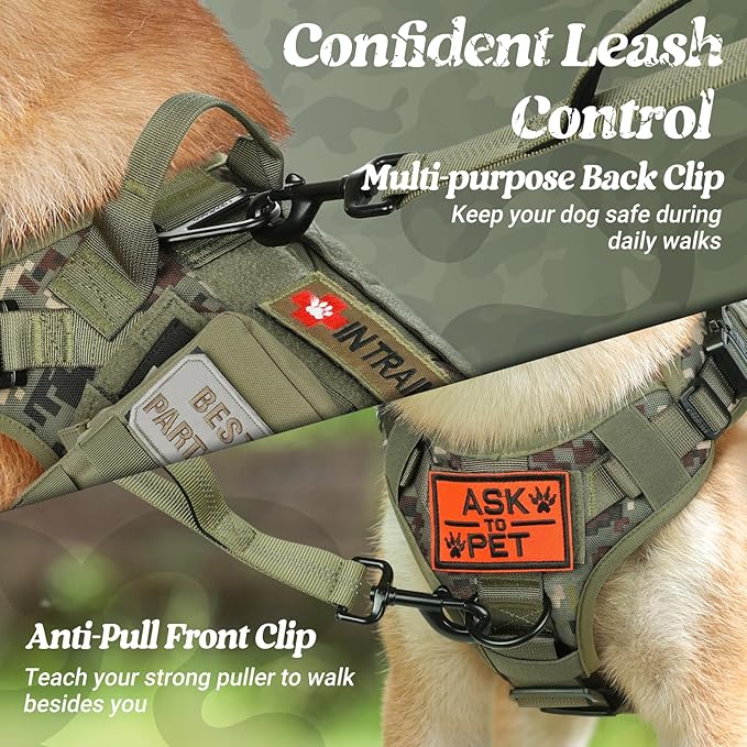 rabbitgoo Tactical Dog Harness for Large, Heavy Duty Pet Harness with Handle, No-Pull Service Vest Large Breed, Adjustable Military Dog Vest for Training Hunting Walking, Green Camo, XL
