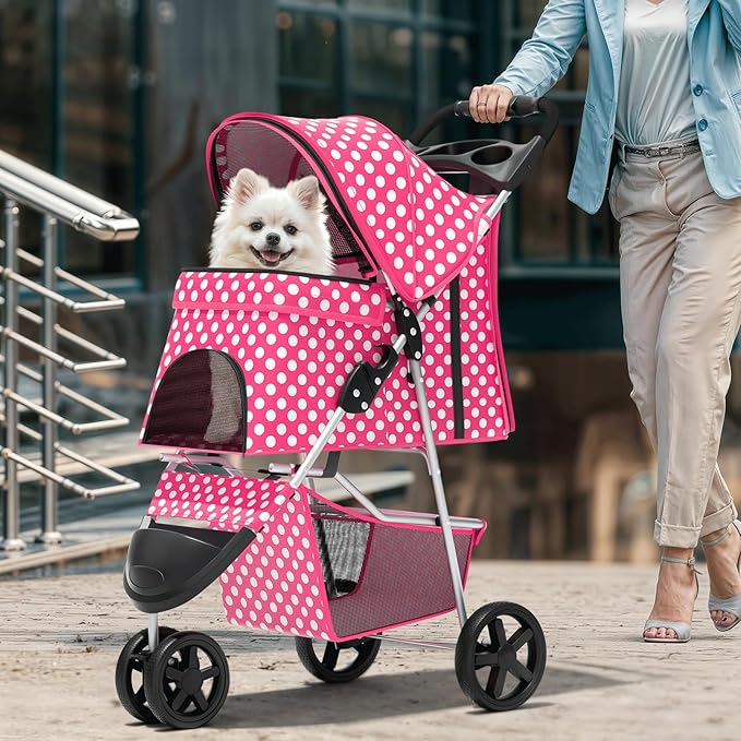 Magshion 3-Wheel Pet Stroller, Foldable Travel Jogger for Small & Medium Dogs & Cats (Up to 33lbs), Lightweight Carrier with Breathable Mesh Cover, Cup Holder & Storage Basket, Hot Pink Polka Dots