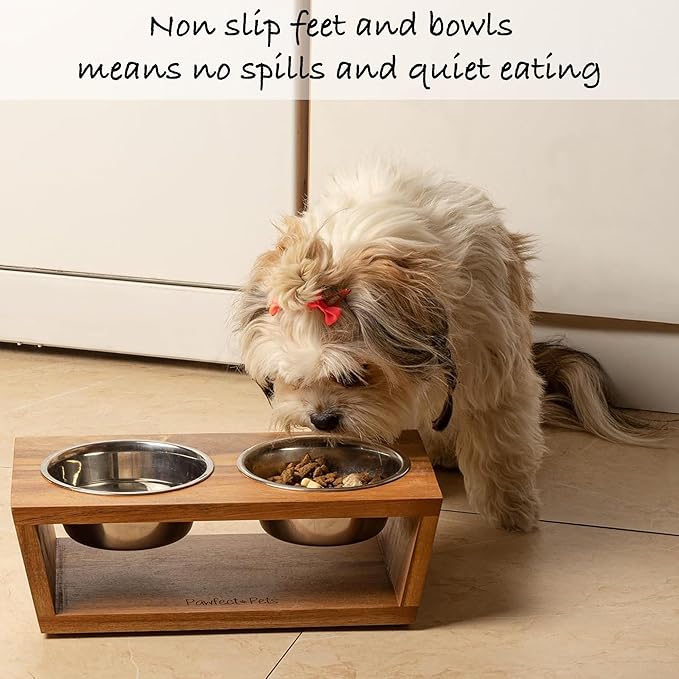 4" Tall Elevated Dog Bowls for Small Dogs, Food and Water Bowl Set by Pawfect Pets (Acacia)