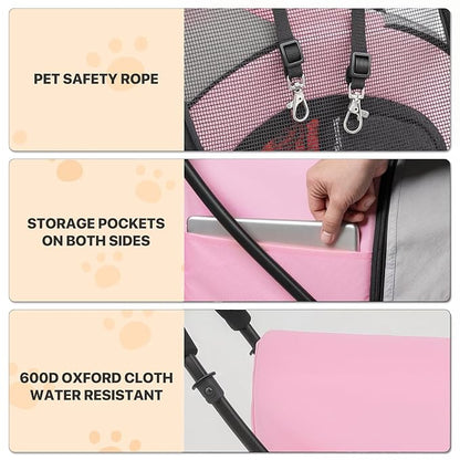 MoNiBloom Double Dog Stroller with Detachable Carrier Bags Large 4 Wheels Foldable Jogger for Small and Medium Dog Cats, Pink/Gray