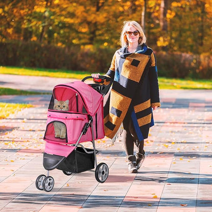 ZENY Foldable Pet Stroller, Cat/Dog Stroller with 3 Wheel, Pet Strolling Cart, Dog Travel Carrier with Storage Basket + Cup Holder (Pink)