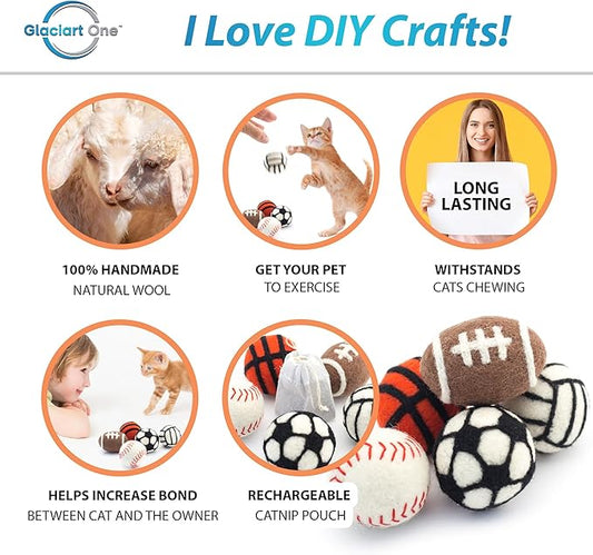 Glaciart One Sports Wool Balls for Cats – 5 Pcs with Catnip Pouch - Soft Fuzzy Enrichment 100% Natural Felt Cat Toy - Interactive Play Cat Toy Set - Safe for Pets, Non-AZO Colored Dyes – 1.6”