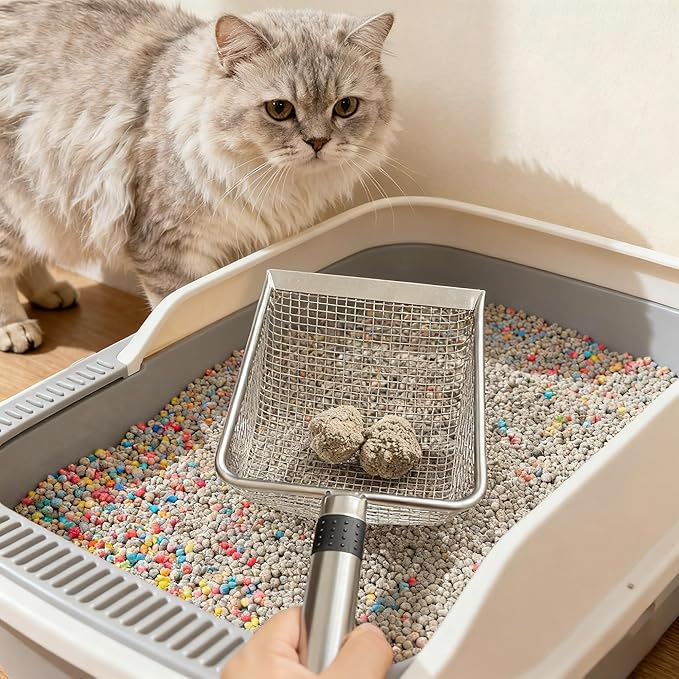 2-Pack Stainless Steel Cat Litter Scoop, 3.8mm Fine Mesh & 5mm Metal Scooper, 5.5-Inch Wide Deep Shovel, Long Handle, Rustproof Cat Poop Scooper for Clumping Litter, Multi-Pet & Beach Sand