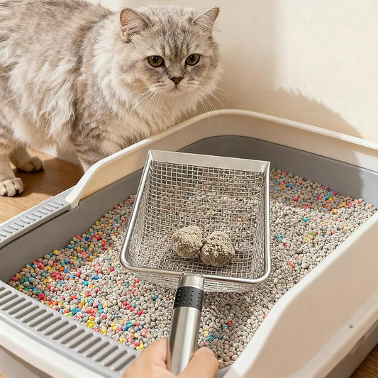 2-Pack Stainless Steel Cat Litter Scoop, 3.8mm Fine Mesh & 5mm Metal Scooper, 5.5-Inch Wide Deep Shovel, Long Handle, Rustproof Cat Poop Scooper for Clumping Litter, Multi-Pet & Beach Sand