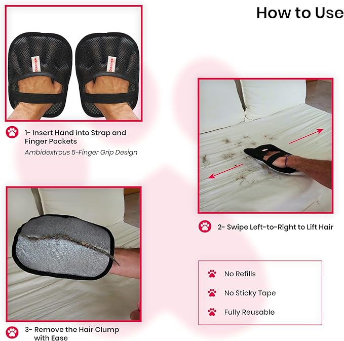 Upgraded Electrostatic Pet Hair Removal Glove for Cats & Dogs – 5-Finger Cat Hair Remover - Reusable Magic Brush Pet Hair Remover Tool for Laundry, Furniture, Carpet, Bedding & Car Seats