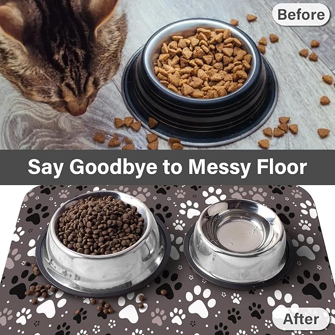 Patterned Cat & Dog Bowl Mat for Food and Water, 12"×20" Quick Dry Absorbent Pet Feeding Mat, Eco-Friendly Dog Placemat