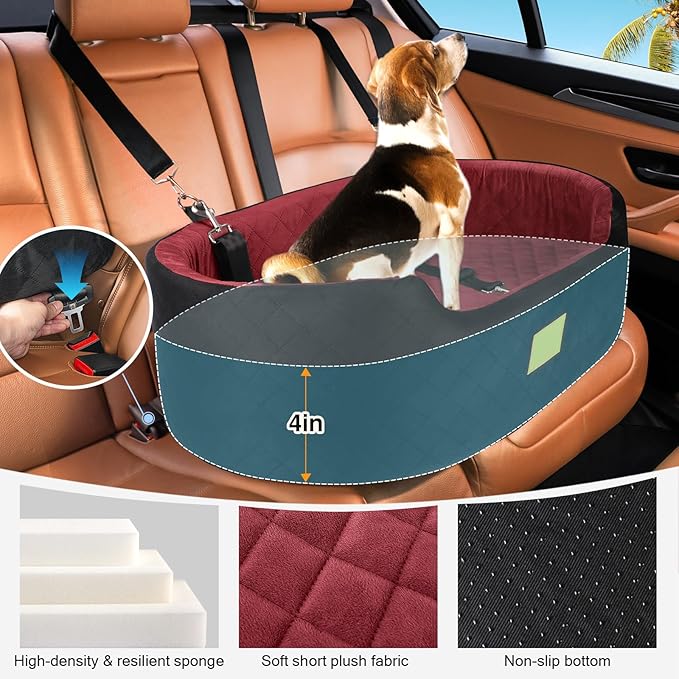 Dog Car Seat for Medium Dogs Up to 50 lbs, Pet Booster Seat for Cars SUVs and Trucks, Washable and Detachable Dog Car Bed with Safety Strap, Thick Cushion, Non-Slip Base (Black/Red)
