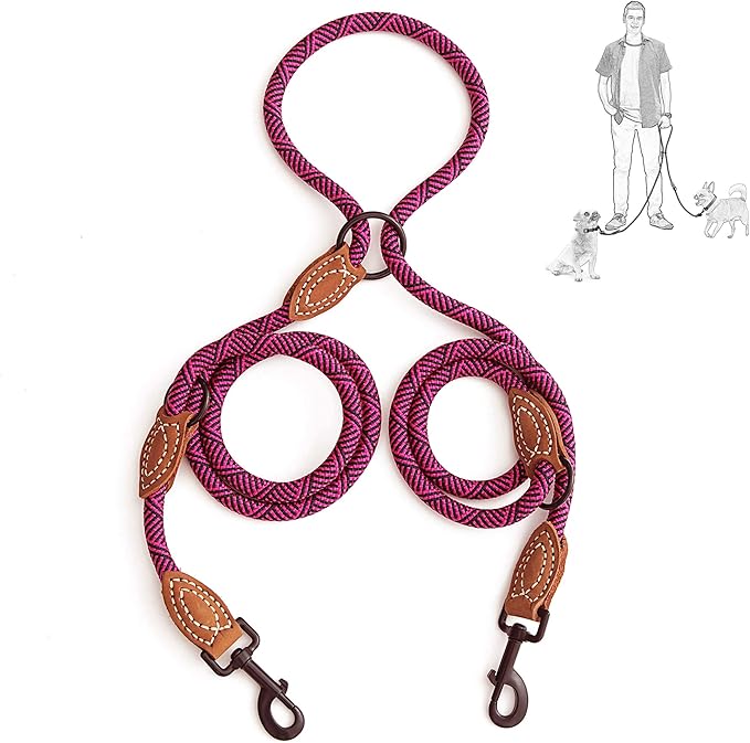 Mile High Life Dual Dog Leash - Double, Hands Free with Leather Connection, 360 Swivel, 8FT Pink