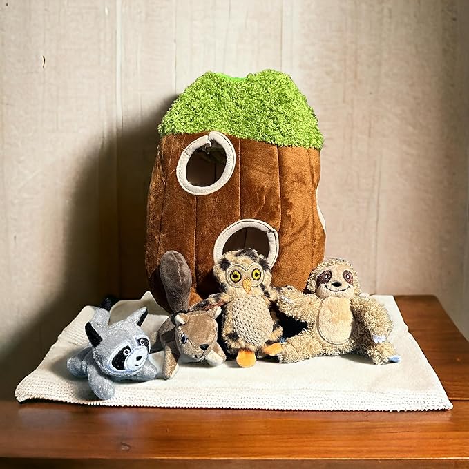 Glow Pups Hide and Seek Dog Toy, Interactive Plush Burrow Toy with Squeaker for Puppies, Woodland Animals Inside Trunk, Mental Stimulation, Medium Size, Brown (Raccoon, Squirrel, Sloth, Owl)