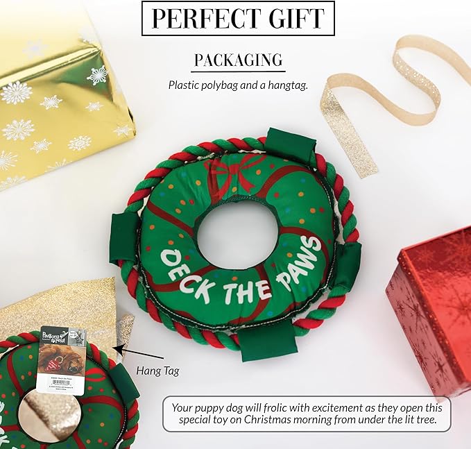 Pavilion - Deck The Paws - 10" Wreath Puppy Dog Toy with Rope Handle K-9 Furry Companion Christmas Present