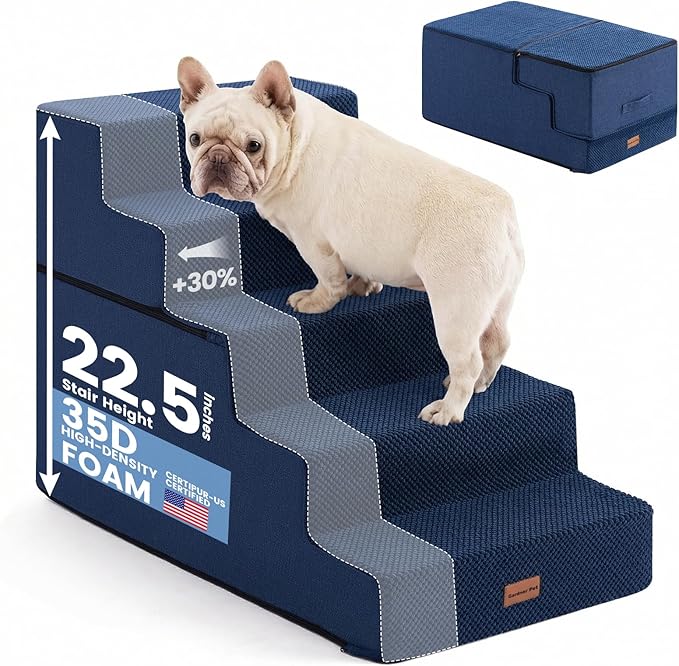 Gardner Pet Dog Stairs for Small Dogs 22.8" H, 5-Step Extra Wide Dog Stairs for High Bed, Pet Steps for Small Dogs and Cats Couch with Durable Non-Slip Waterproof Fabric Cover and Soft Foam, Navy