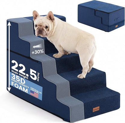 Gardner Pet Dog Stairs for Small Dogs 22.8" H, 5-Step Extra Wide Dog Stairs for High Bed, Pet Steps for Small Dogs and Cats Couch with Durable Non-Slip Waterproof Fabric Cover and Soft Foam, Navy