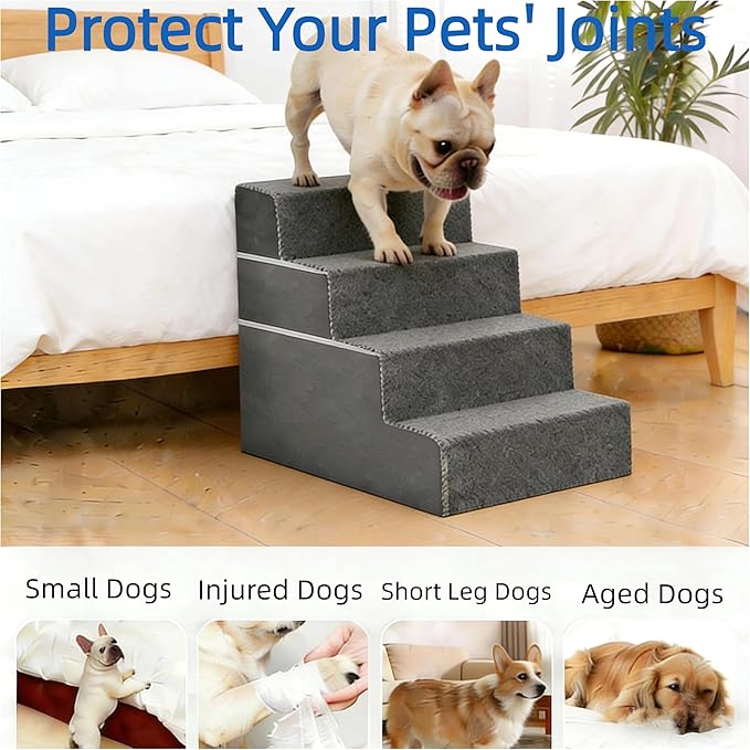 Simple Deluxe Dog Stairs for Small Dogs, 4-Step Dog Step for Puppy, Older Cat, Medium Pet Ramp for Sofa, Couch or Chair, Indoor Non-Slip Pet Ladder with High Density Foam, Gray