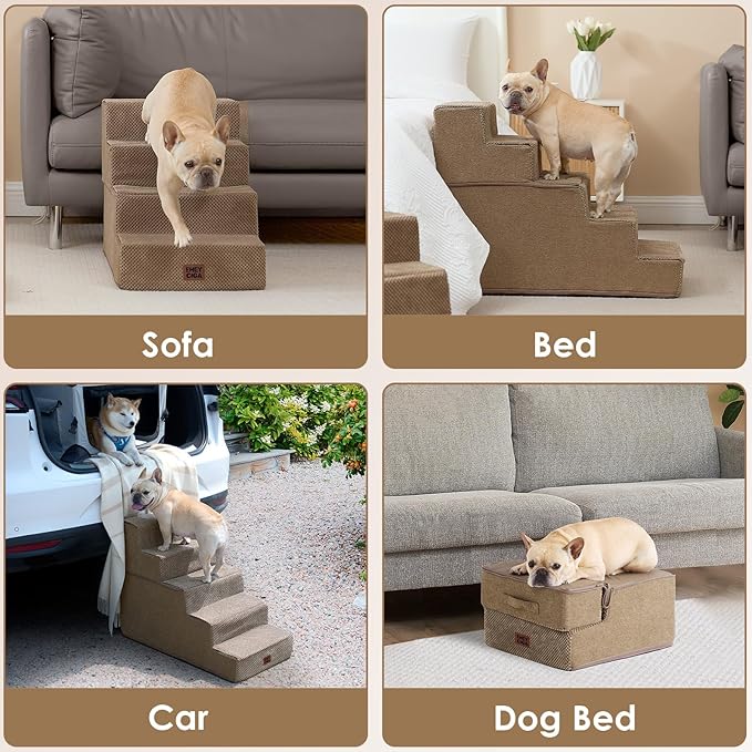 EHEYCIGA Dog Stairs for Small Dogs 13.5" H, 3-Step Dog Steps for Couch Sofa and Chair, Pet Steps for Medium Cats, Non-Slip Balanced Pet Ramp Indoor, Camel