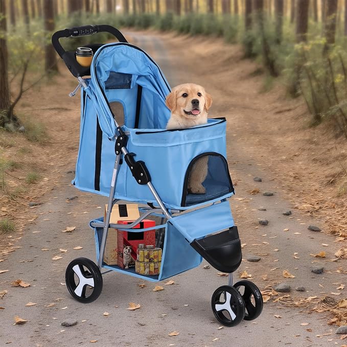 Foldable Pet Stroller for Cats and Dogs 3 Wheels Carrier Strolling Cart with Weather Cover, Storage Basket + Cup Holder (Blue)