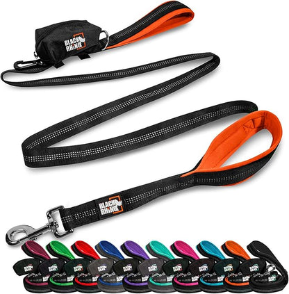 Black Rhino Heavy Duty Dog Leash for Medium and Large Dogs - 6 ft Long Double Handle Leash with Padded Traffic Control Handles and Bag - Reflective, Durable, and Weather Resistant (Orange)