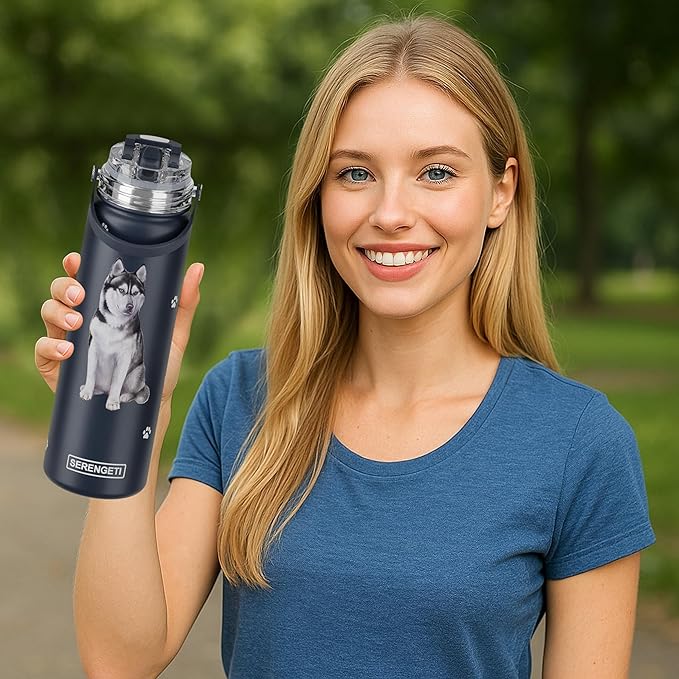 E&S Pets SERENGETI 24 Oz Water Bottle Stainless Steel with Spill Proof Lid - Double walled Vacuum Insulated water flask - Realistic 3D Print of your favorite dog (Siberian Husky)
