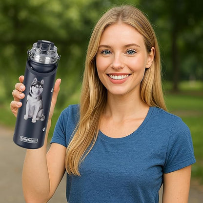 E&S Pets SERENGETI 24 Oz Water Bottle Stainless Steel with Spill Proof Lid - Double walled Vacuum Insulated water flask - Realistic 3D Print of your favorite dog (Siberian Husky)
