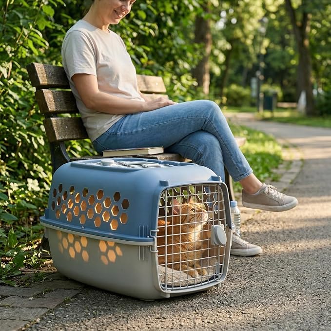 Hard-Sided Pet Carrier for Dogs and Cats | 24-Inch Top-Load Travel Kennel with Double Door Entry | Heavy-Duty Plastic Crate for Vet Visits & House Training, Up to 30 lbs Capacity,Blue/Gray