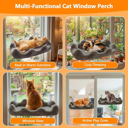 Homegroove Cat Window Perch, 24 x 12 Inch Foldable Cat Hammock for Window with 4-Sided Bolster & 4 Large Suction, Cloud Shape Cordless Window Bed for Indoor Cats (Gray, Large(24'' x 12''))