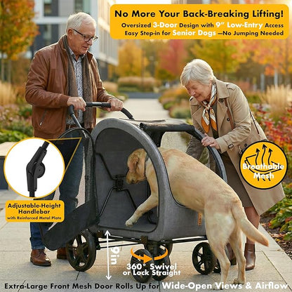 PAWZIDEA 3-in-1 Large Dog Stroller with Detachable Carrier up to 80lbs, Portable Dog Car Crate & Travel Kennel, Foldable Pet Stroller for 2 Medium Dogs, All-Terrain 9” Jogger Wheels, Adjustable Handle