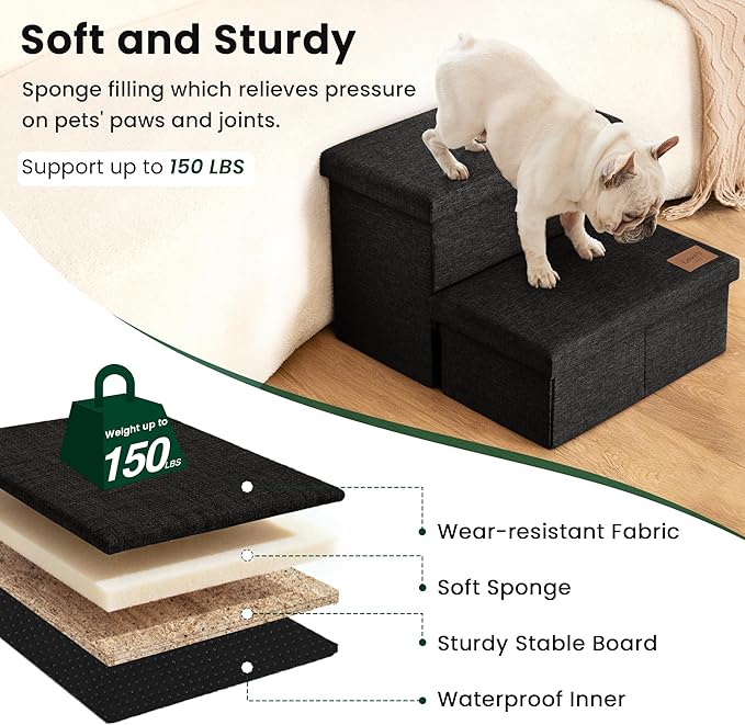 Love's cabin Dog Stairs with Storage 13" H, Foldable Pet Stairs for Small Medium or Large Dogs, Cat Puppy Steps Ramp with Zip up to 150 lbs, Black, 2 Steps