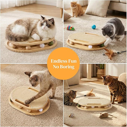 Cat Scratcher with Ball Track Toy, Large Sisal Scratch Pad for Indoor Adult Cats, Wooden Interactive Cat Puzzle Toys for Kitten Mental Stimulation Self Play Home Enrichment