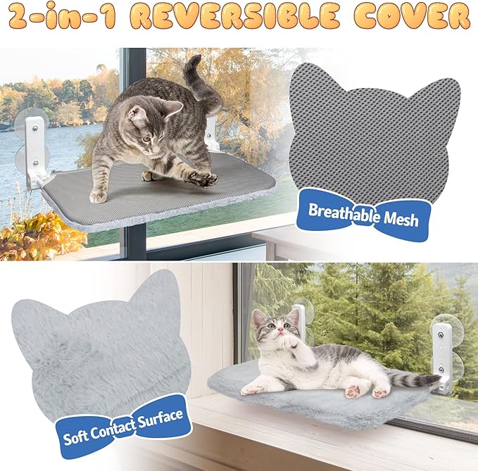 Cat Window Perch, Cordless Foldable Hammock Bed for Large Cat 2-in-1 Breathable & Plush Cushion Reversible Cover with 4 Large Suction Cup Solid Metal Frame Resting Seat Easy to Remove Indoor Grey