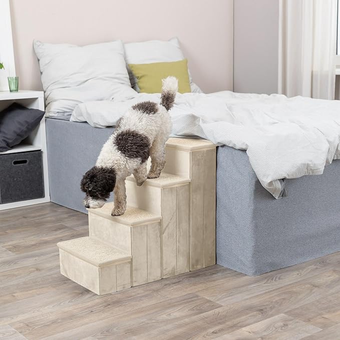 Trixie Velour Foldable 4-Step Pet Stairs with Storage, Collapsible, Storage Compartments for Pet Toys, Beige
