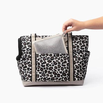 Cleverpup Transit Tote Dog Carrier for Small Dogs Under 8 lbs, 16x11x8 Soft-Sided 4-Pc Set with Waterproof Base, Plush Insert, Food Pouch, Mesh Head Opening - Small, Leopard