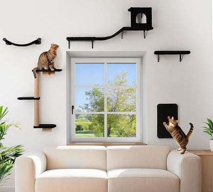 Wall Mounted Cat Furniture Combo of 5, 5 in 1 Cat Shelves with Hammock, Bridge, Climbing Tree, Scratcher & Perch – Indoor Wall Cat Playground for Large Cats, Holds Up to 30 lbs,