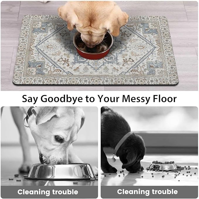 Dog Food Mats for Floors, Absorbent and Quick-Drying Pet Cat Food Mat,Anti-Fouling and Easy-to-Clean Pet Feeding Mat,Dog Bowl Mat for Messy Drinking Water Bowls.17 x27, Bohemia Style
