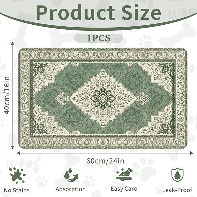 Pet Dog Cat Food Mat, Absorbent Dog Bowl Mats for Food and Water, Non Slip Boho Dogs Cat Placemats Feeding Mat for Floors Indoor Puppy Pet Accessories Supplies 16 * 24 inch, Retro Green