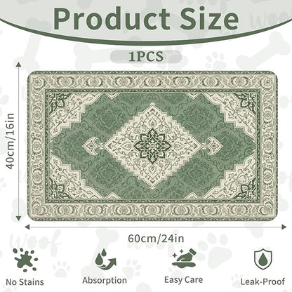 Pet Dog Cat Food Mat, Absorbent Dog Bowl Mats for Food and Water, Non Slip Boho Dogs Cat Placemats Feeding Mat for Floors Indoor Puppy Pet Accessories Supplies 16 * 24 inch, Retro Green