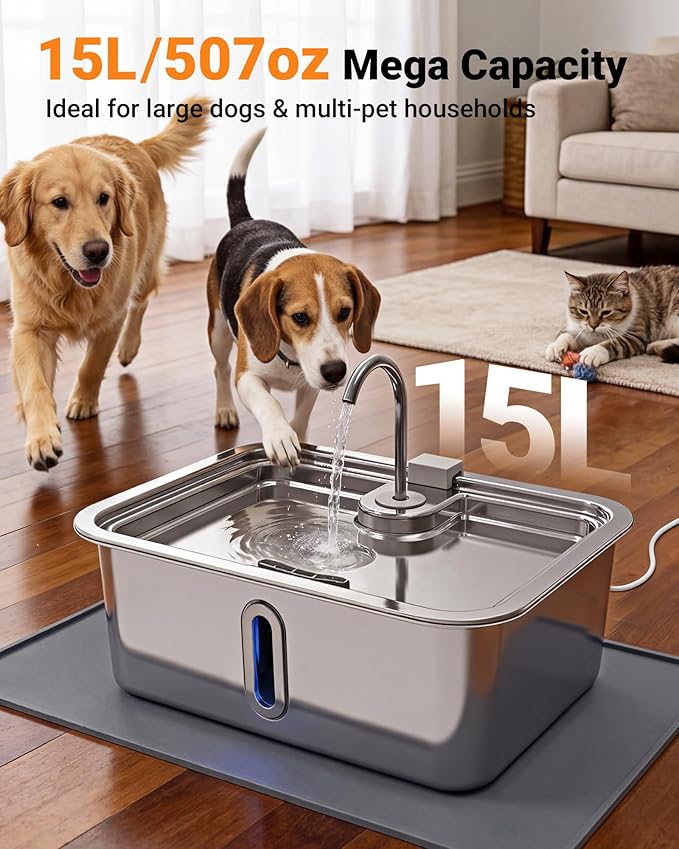 15L/4Gal Large Dog Water Fountain with Pet Feeding Mat & 3 Filters, Stainless Steel Pet Water Fountain for Dogs Cats, Dog Water Bowl Dispenser with Visible Window, Alert Light, Quiet Pump