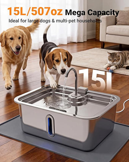 15L/4Gal Large Dog Water Fountain with Pet Feeding Mat & 3 Filters, Stainless Steel Pet Water Fountain for Dogs Cats, Dog Water Bowl Dispenser with Visible Window, Alert Light, Quiet Pump