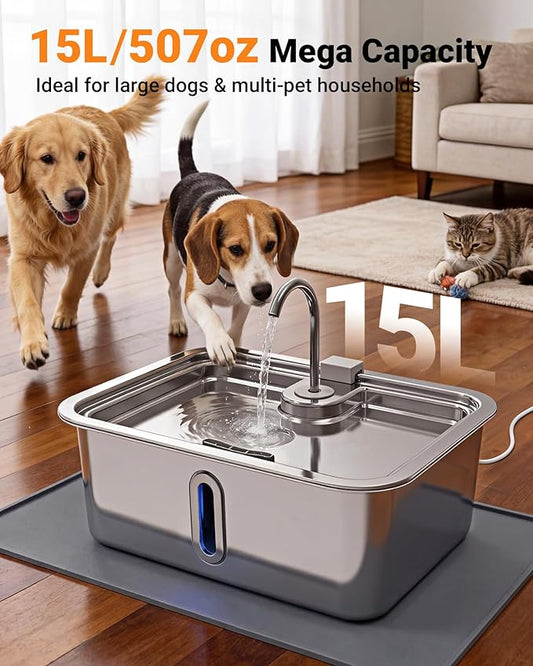15L/4Gal Large Dog Water Fountain with Pet Feeding Mat & 3 Filters, Stainless Steel Pet Water Fountain for Dogs Cats, Dog Water Bowl Dispenser with Visible Window, Alert Light, Quiet Pump