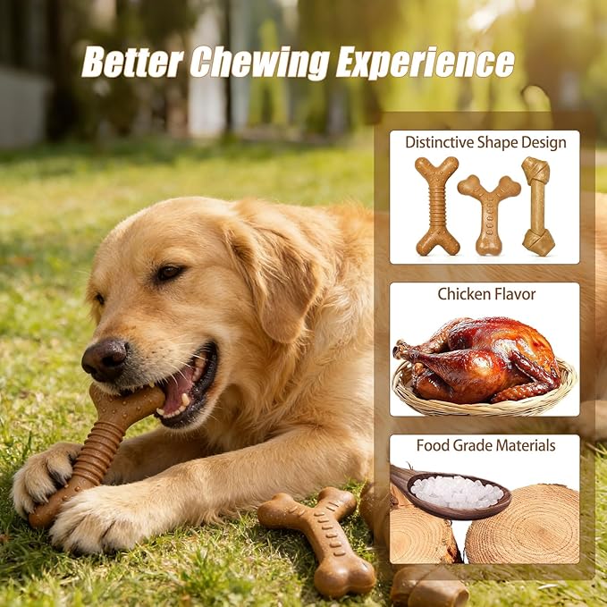 Dog Chew Toys for Aggressive Chewers, 3 Pack Nylon & Wood Teething Bone Toy Set with Chicken Flavor, Durable Tough Bones Chewing Toys for Medium & Large Dogs