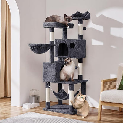 Yaheetech 64.5in Extra Large Cat Tree with 2 Perches, 2 Condos, 5 Scratching Posts, Funny Hammock & Basket & Dangling Balls, Multi-Level Cat Tower for Indoor Felines, Dark Gray