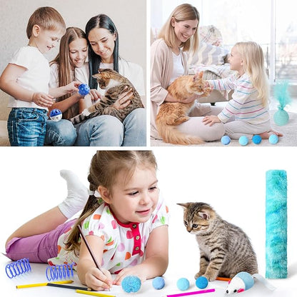 24 Pcs Cat Toys Set Interactive Kitten Toys Pack Including Collapsible Play Tunnel Feather Teaser Wand Fuzzy Ball Springs Pillow Mouse Bells for Indoor Cats Puppy(Blue,Classic)